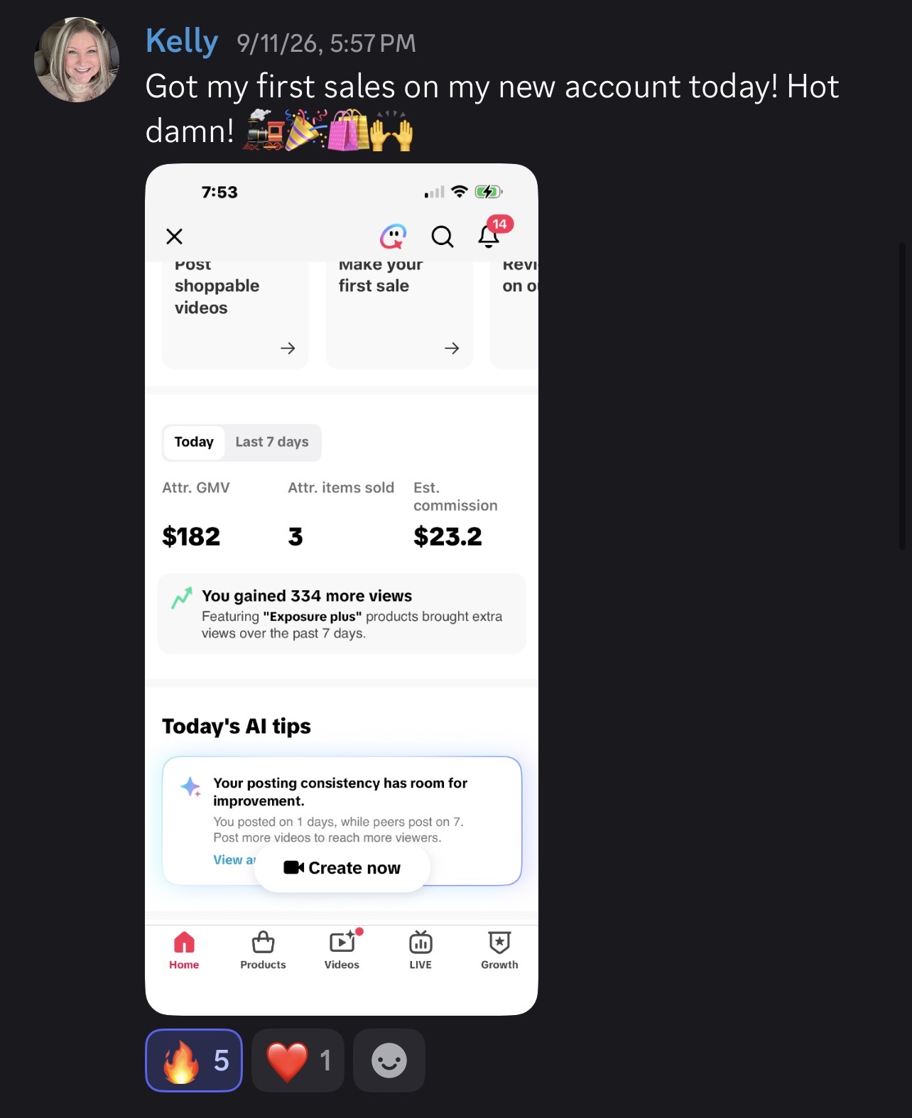 Kelly sharing her first sales on a new TikTok Shop account, with a dashboard showing $182 attributed GMV, 3 items sold and $23.20 estimated commission