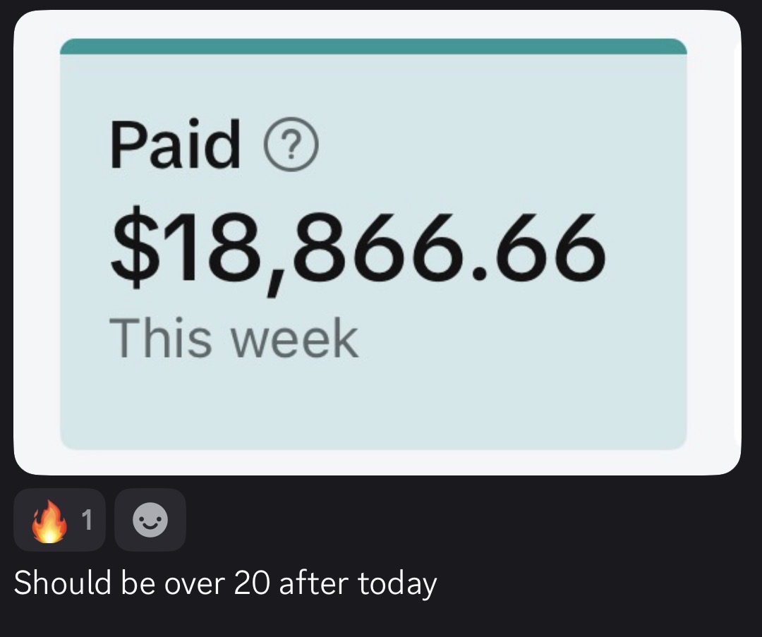 Payment proof screenshot showing $18,866.66 paid this week
